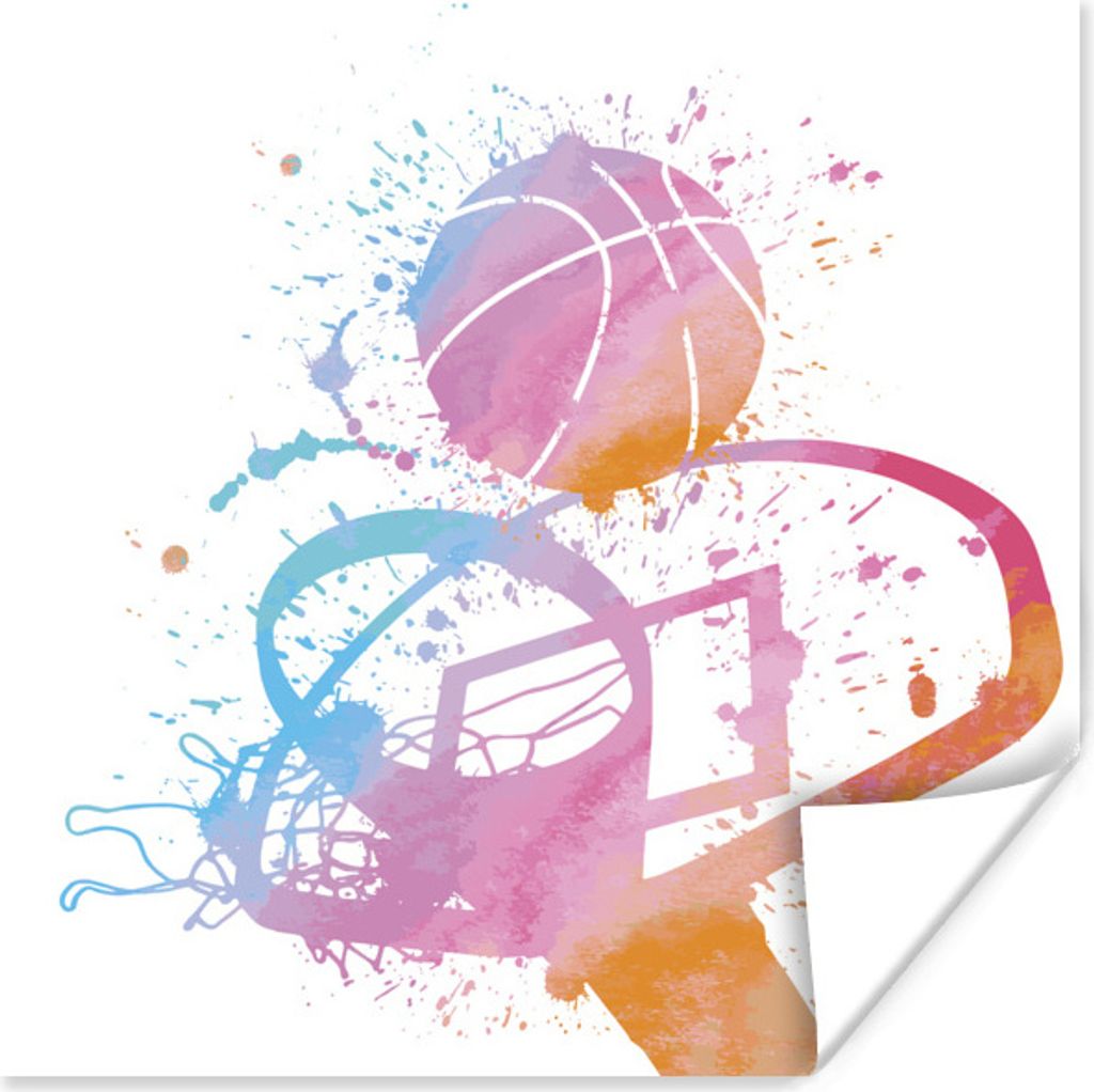 MuchoWow Poster Eine Illustration eines Basketballs und eines Korbes, die in Aquarell gerendert wurden 100x100 cm - Babyzimmer