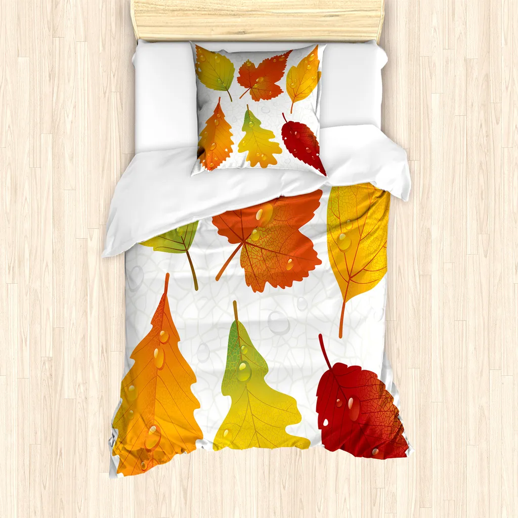 ABAKUHAUS Set copripiumino per letti singoli, foglie secche realistiche, antiacaro, adatto a chi soffre di allergie, con federa, 135 cm x 200 cm - 80 x 80 cm, multicolore
