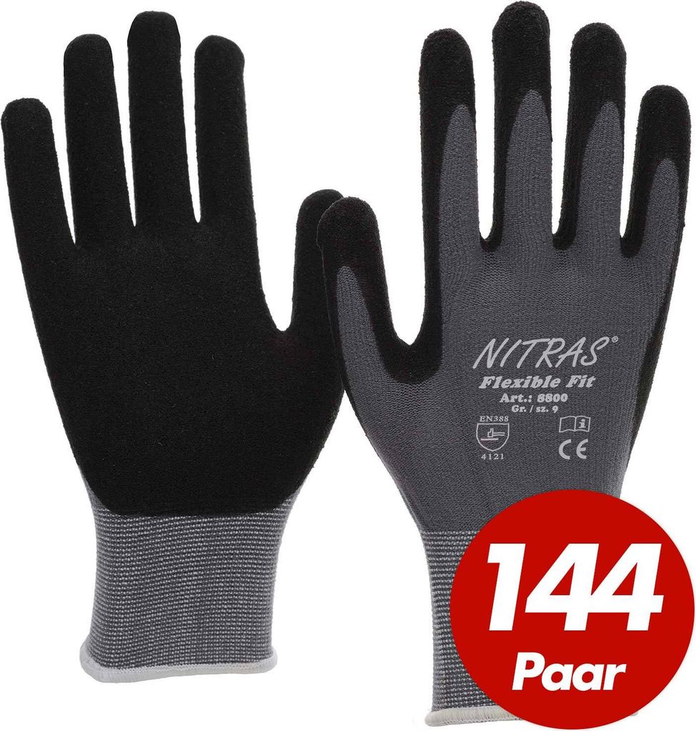 144 Paar NITRAS Flexible Fit Allroundhandschuhe 8800 - hohe Abriebfestigkeit, sehr guter Grip Größe:9