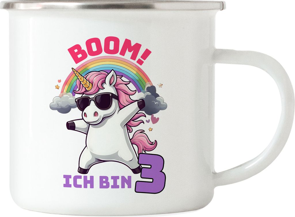Boom Ich Bin 3 Emaille-Tasse Kindergeburtstag Einhorn Geschenk Party Dabbing Regenbogen Spaß