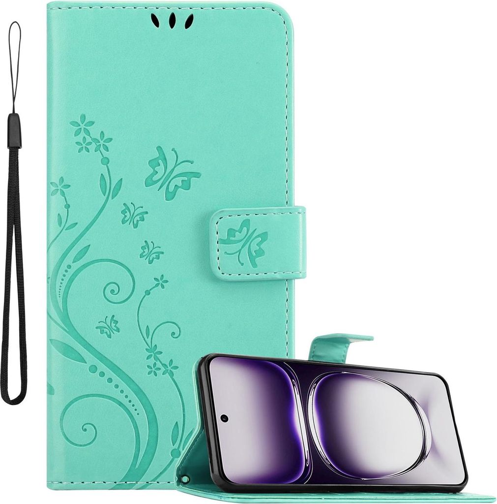 Cadorabo Hülle für Oppo Reno 12 Hülle in FLORAL TÜRKIS Schutzhülle im Blumen Design mit Magnetverschluss, Standfunktion und Kartenfächern Boo...
