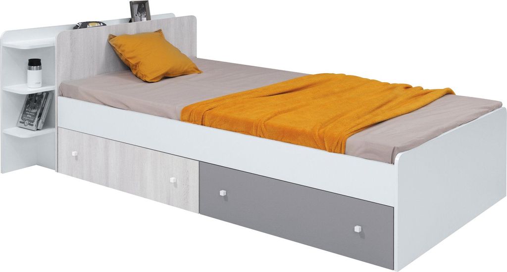 Bett mit Bettschubladen – Einzelbett – Bettgestell – COMO System – 90 x 200 cm – Grau / Weiß – Klare Linien für ruhige Schlafzimmer O...