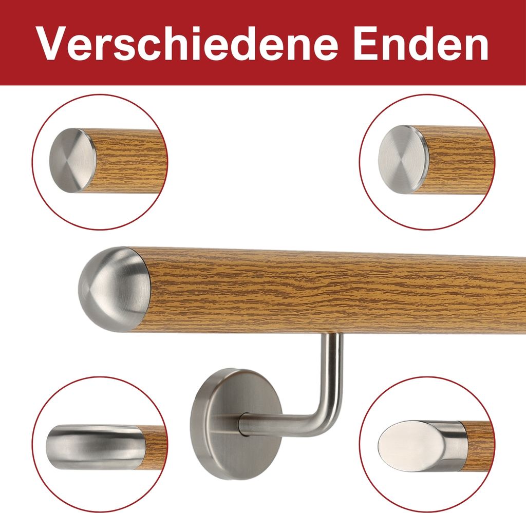 TIBU Handlauf Aluminium Eiche Holz Nachbildung 30-600cm Wandhandlauf Treppe gewinkelte Edelstahlhalter, Länge 560 cm mit 6 Halter und halbrunde Kappe