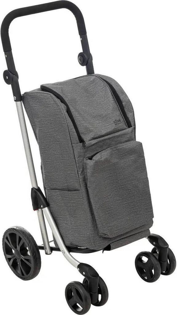 A gray shopping trolley with four wheels and a black handle, shown against a white background.