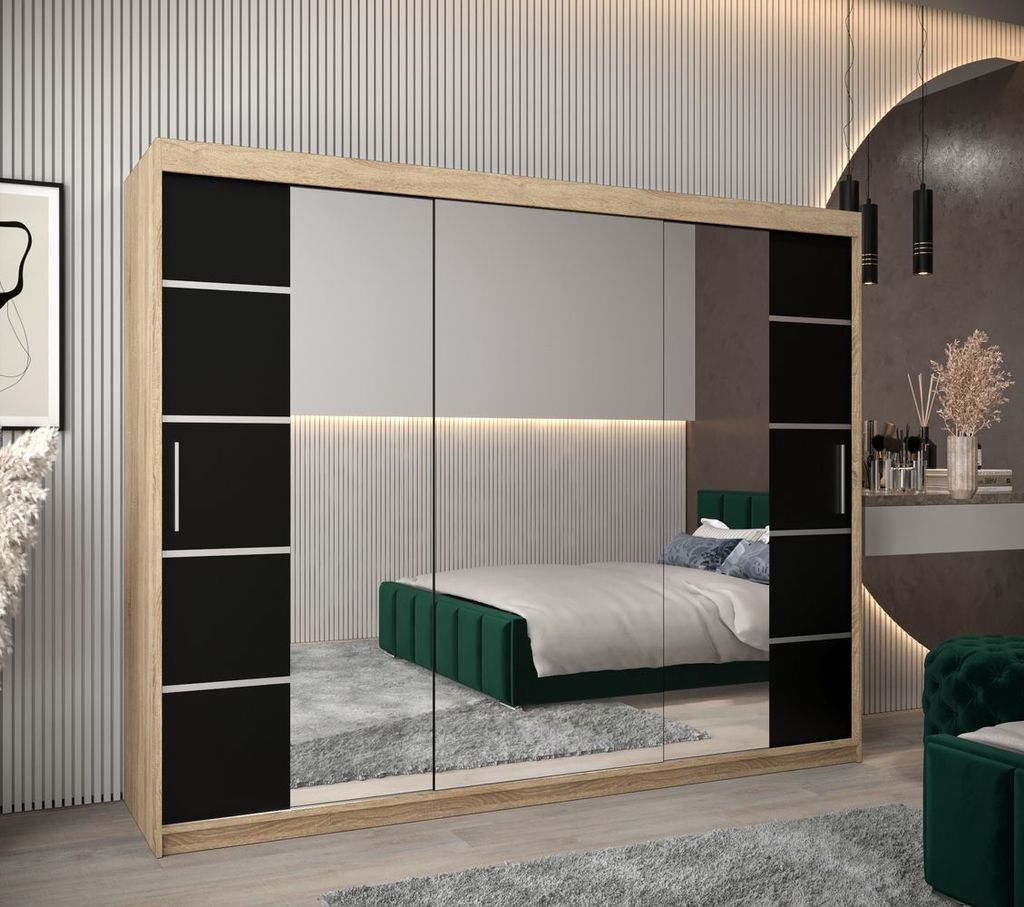 Schrank mit Spiegeln VIVIEN – Breite 250 cm, Eiche Sonoma / Schwarz