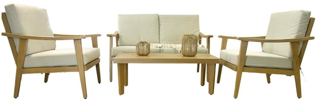 Gartenmöbel-Set ALBORA für 4 Personen aus Aluminium in Holzoptik mit beigen Kissen und Couchtisch