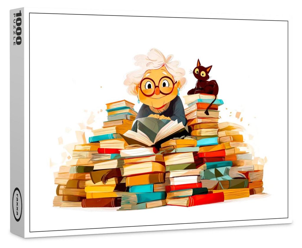 raxxa Premium-Puzzle „Ältere Frau liest mit fröhlichem Gesichtsausdruck in Büchern“, 1000 Teile