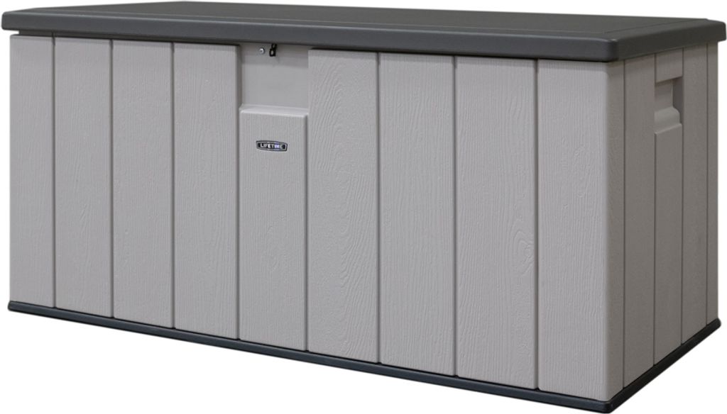 A light gray storage box with a dark gray lid is shown from the front.