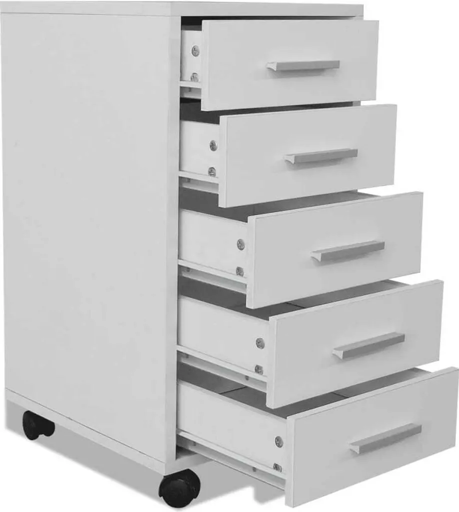 Caisson de bureau à roulettes 5 tiroirs blanc - Rangement dossiers A4 - 5