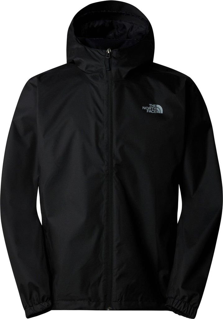 A black jacket with a hood is shown against a white background.