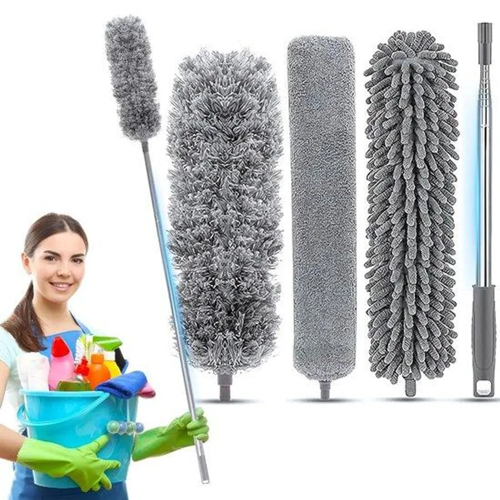 Plumeau télescopique 280cm Retoo avec 3 têtes grises pour la poussière