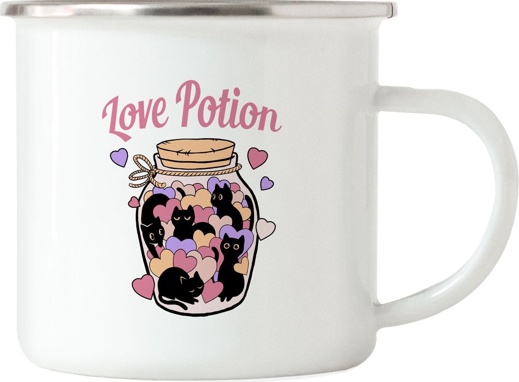 Love Potion Emaille Tasse mit Katzen und Herzen Motiv für Katzenliebhaber Katzenliebe Miau Mieze Büsi