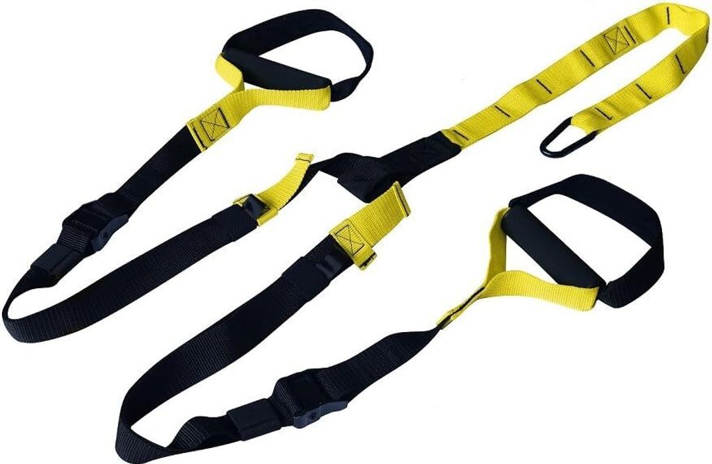 A set of black and yellow fitness straps arranged on a white background.