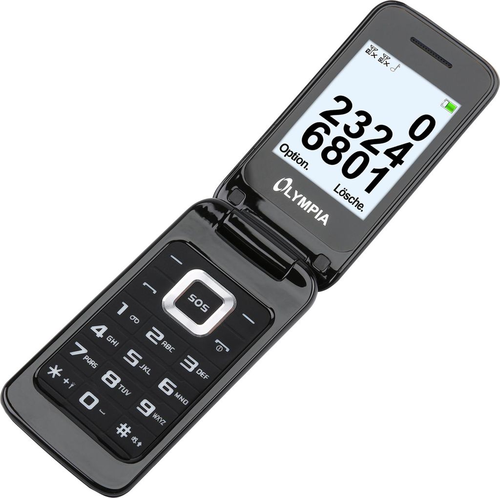 A black OLYMPIA flip phone is shown open against a white background. The screen displays numbers and text, and the keypad is visible.