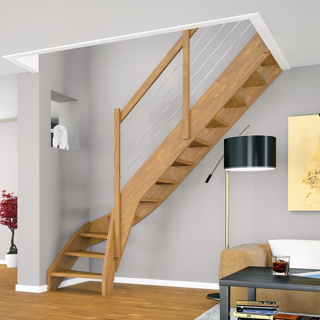 Dolle Raumspartreppe Faro 1/4-gewendelt 243-299cm GH 55-75cm breit Eiche versiegelt Relinggeländer aus Edelstahl