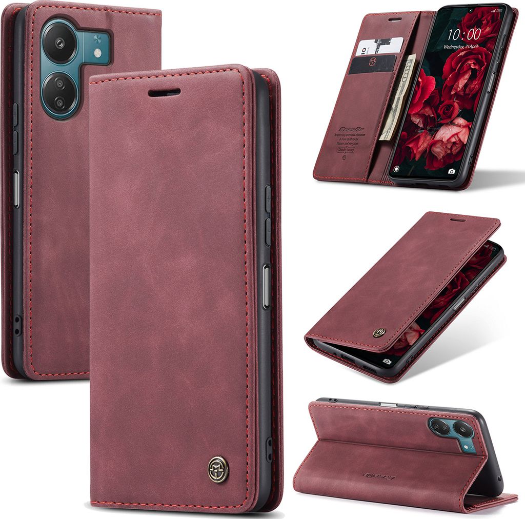 Xiaomi Redmi 13C /Poco C65 Hülle, Retro Kunstledertasche mit Standfunktion Schutzhülle für Xiaomi Redmi 13C /Poco C65 Rot