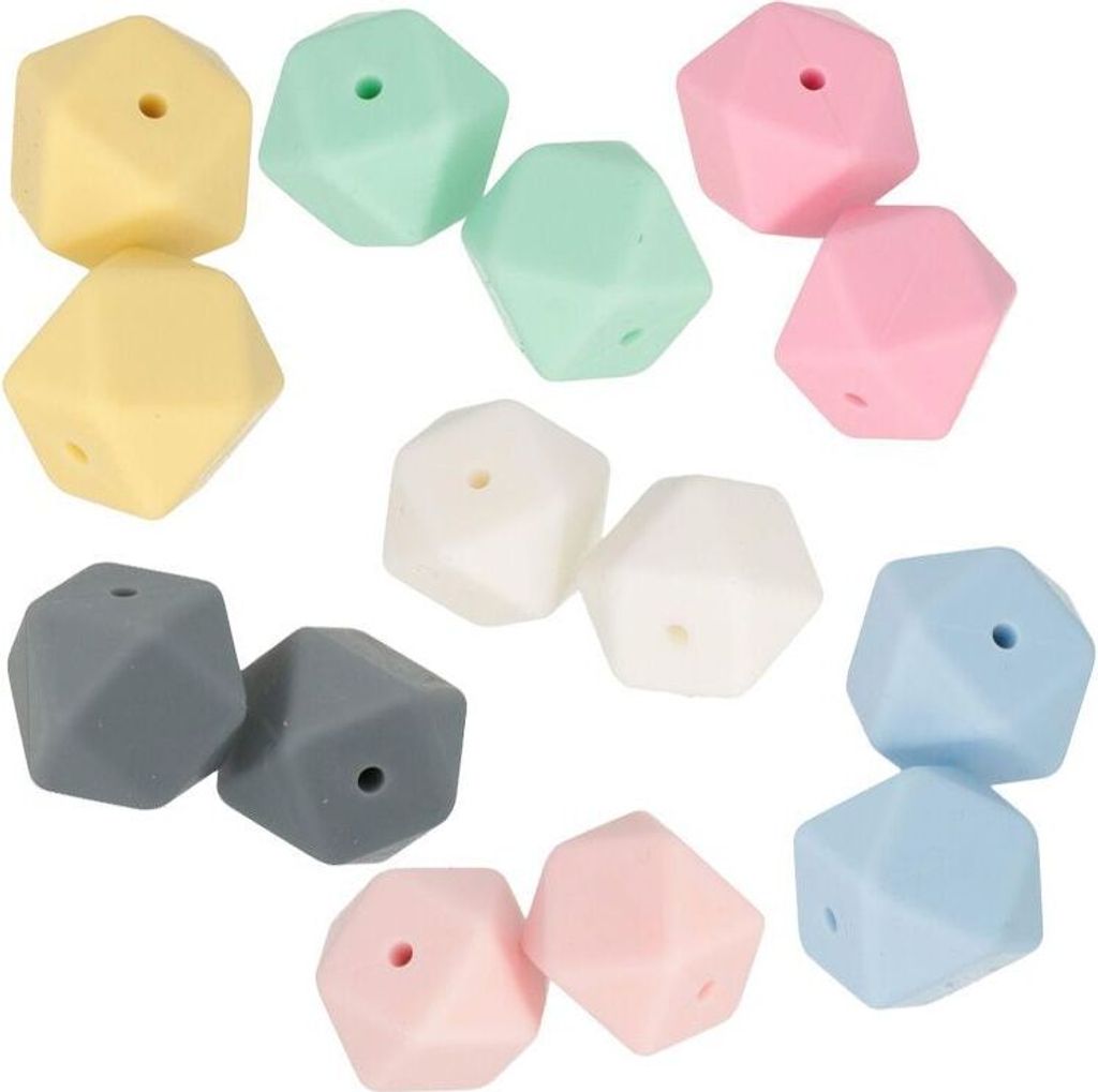 14 hexagonale Silikonperlen 17 mm - mehrfarbig
