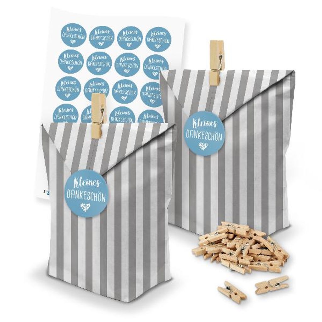 itenga SET Geschenktüten 24 x Tüten Streifen + Klammern + Motivsticker (M118)