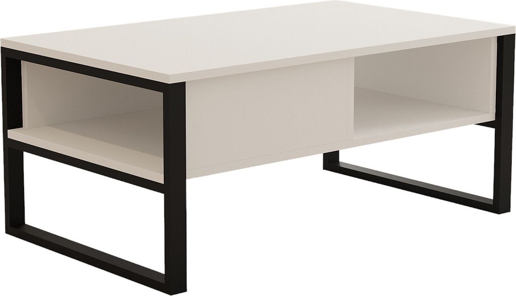 A white coffee table with black metal legs and a built-in shelf.