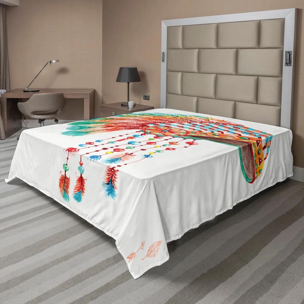 Drap de Lit Supérieur Imprimé Amérindien Doux et Confortable Bleu Orange