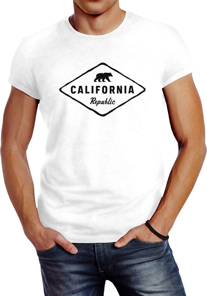 Herren T-Shirt California Republic Bear Badge Bär Sunshine State USA Fashion Streetstyle Neverless weiß M