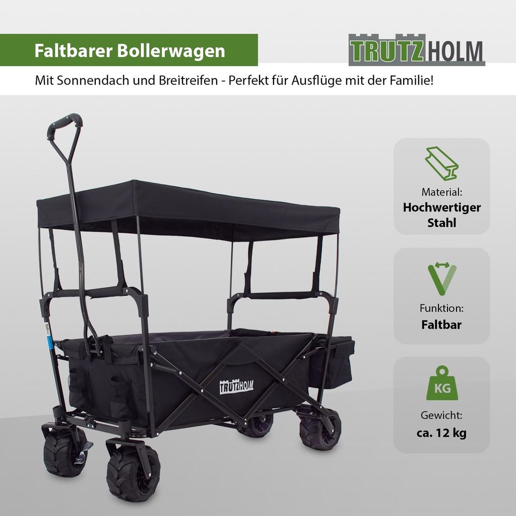 Bollerwagen faltbar mit Sonnendach Breitreifen Schwarz, Produktbild 