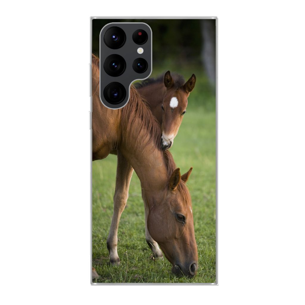 MuchoWow Handyhülle Schutzhülle Hülle für Samsung Galaxy S22 Ultra Pferde - Gras - Porträt Silikon Softcase Handy Hülle - Abbildung