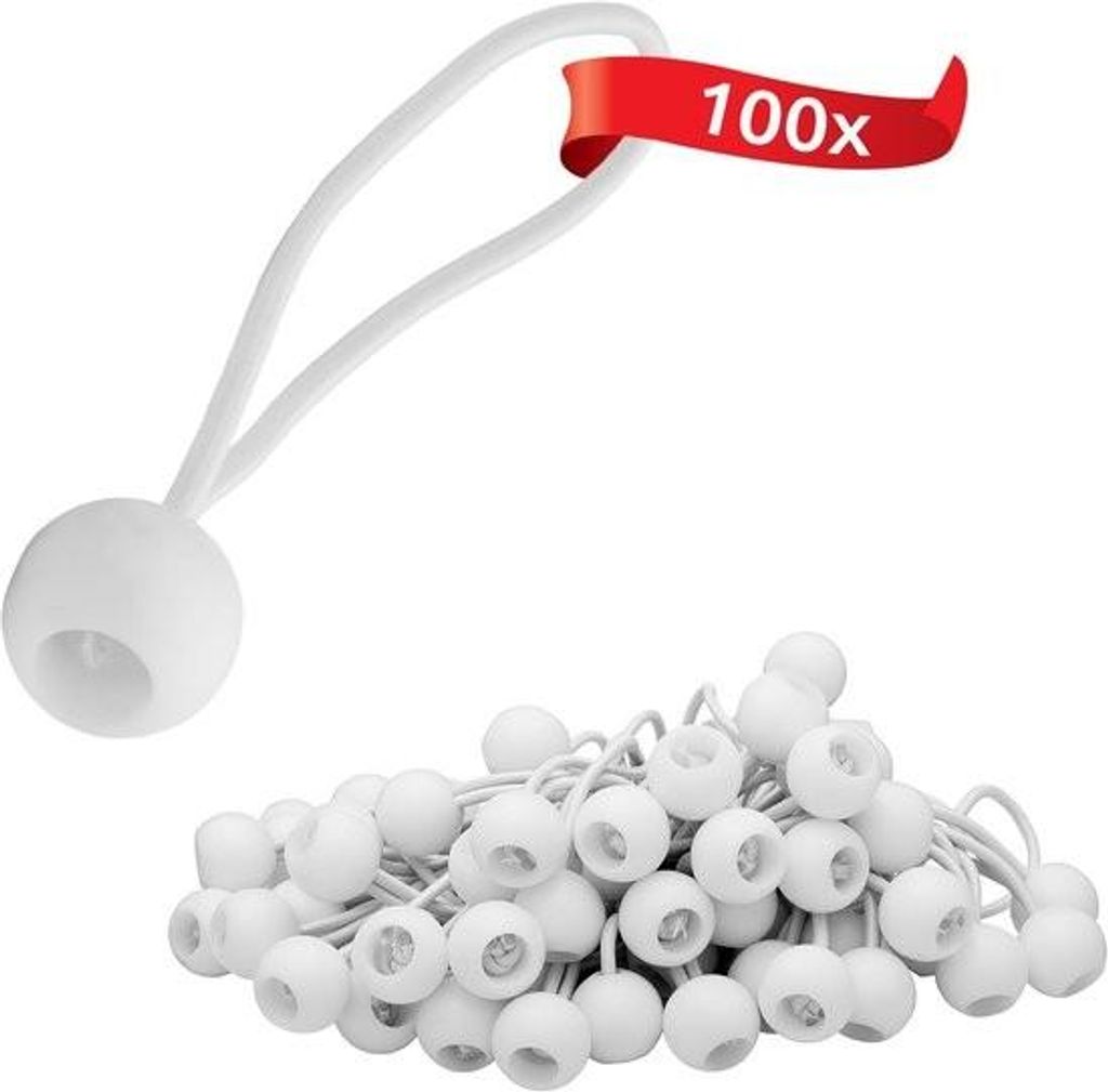 100 x elastische Bungee-Seile mit Kunststoffkugel, elastischen Haken, Bungee-Gurte für Segel, Pavillons, Zelte, hohe Zugkraft – Weiß