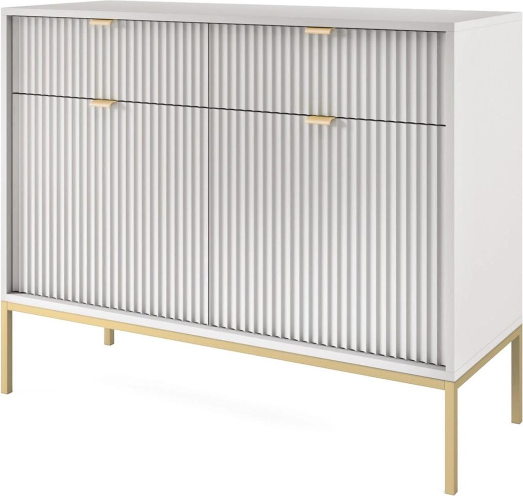 Kommode Kioto 104 cm Grau & Gold – Rillenfront, Goldene Griffe, 2 Türen, 2 Schubladen