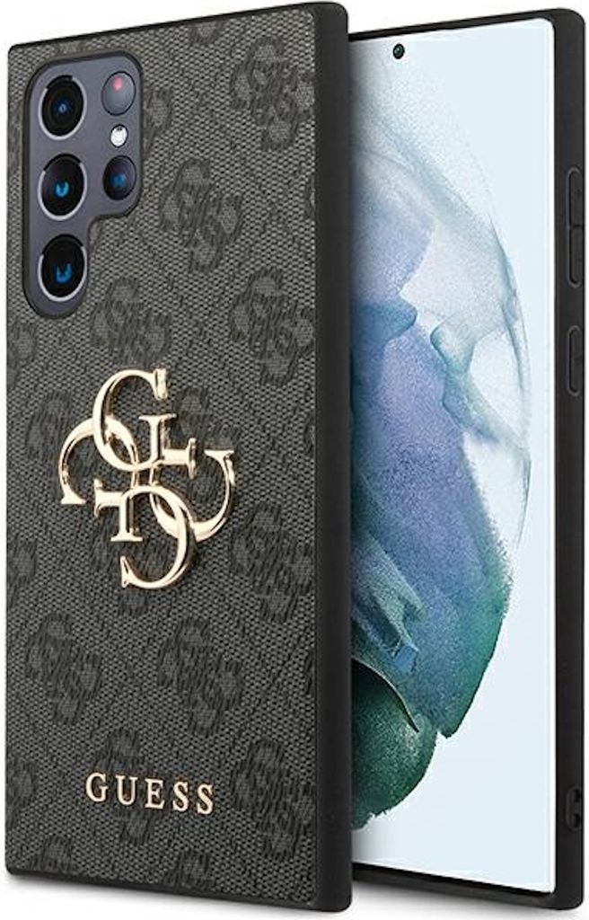 A smartphone case with a Guess logo and pattern, placed next to a smartphone.