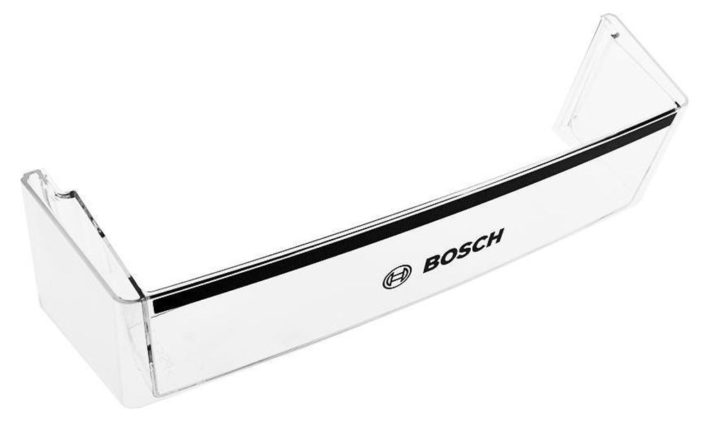 A clear studio shot of a refrigerator door shelf.