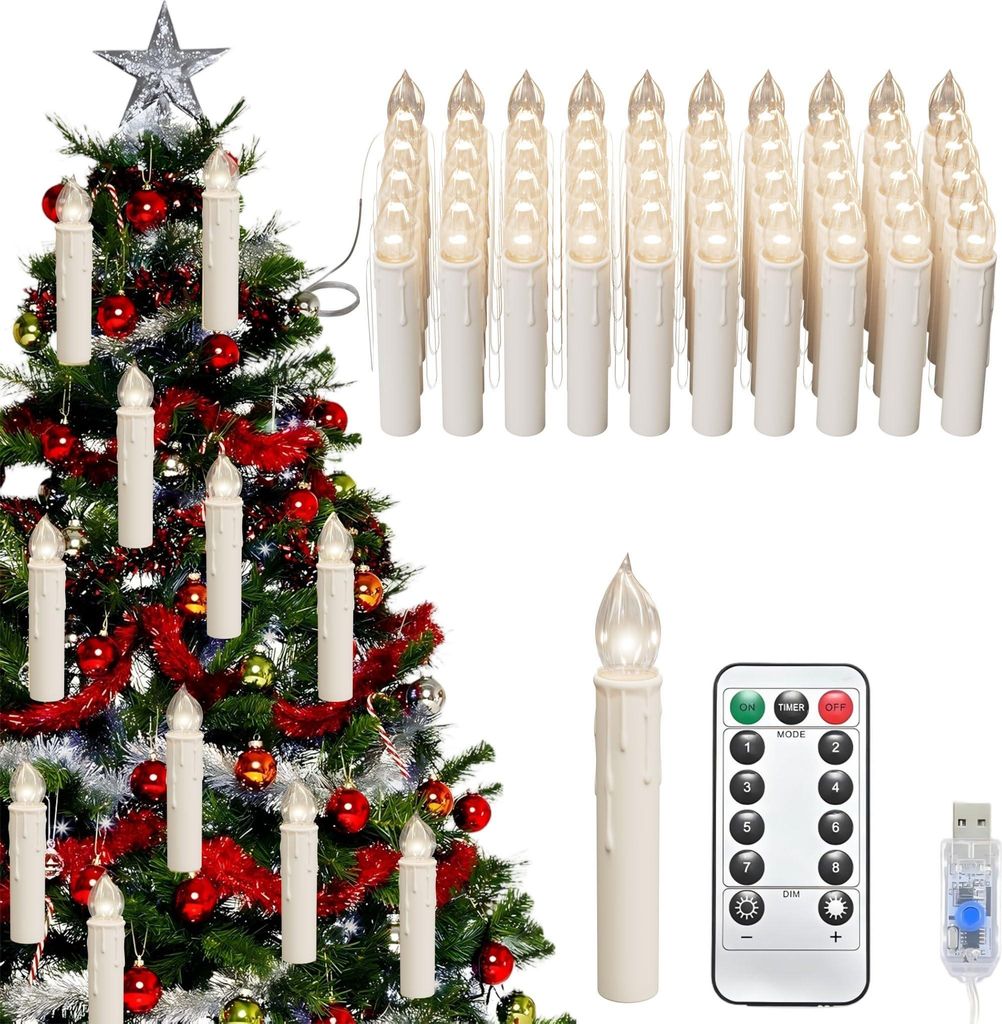 FIVMEN LED Christbaumkerzen 50er Set, Elektrische Kerzen mit Fernbedienung und USB-Anschluss, Weihnachtsbaum LED Kerzen, Christmas Decorations für...
