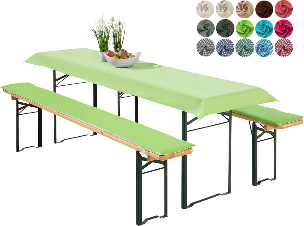 heimtexland Bierzeltgarnitur Auflagen Set 3-teilig Tischdecke Bierbank Polster Sitzkissen Tischdeko Typ698 Grün für Tischmaß 70x220 cm
