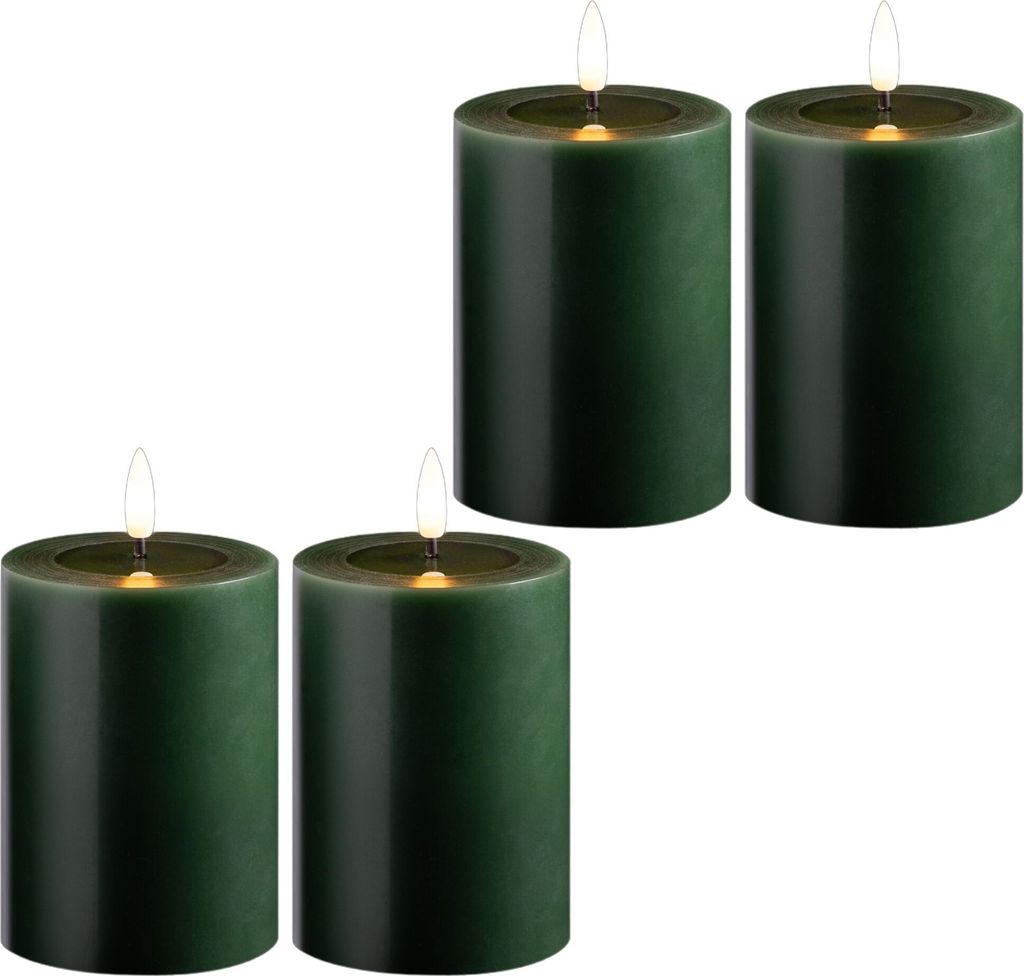 4 Set LED Stumpenkerze mit Timer 6 Stunden grün Echtwachs LED warmweiß 10cm ø 7,5cm Höhe - 2 AA Batterien nötig LED Echtwachskerze mit Flacker...