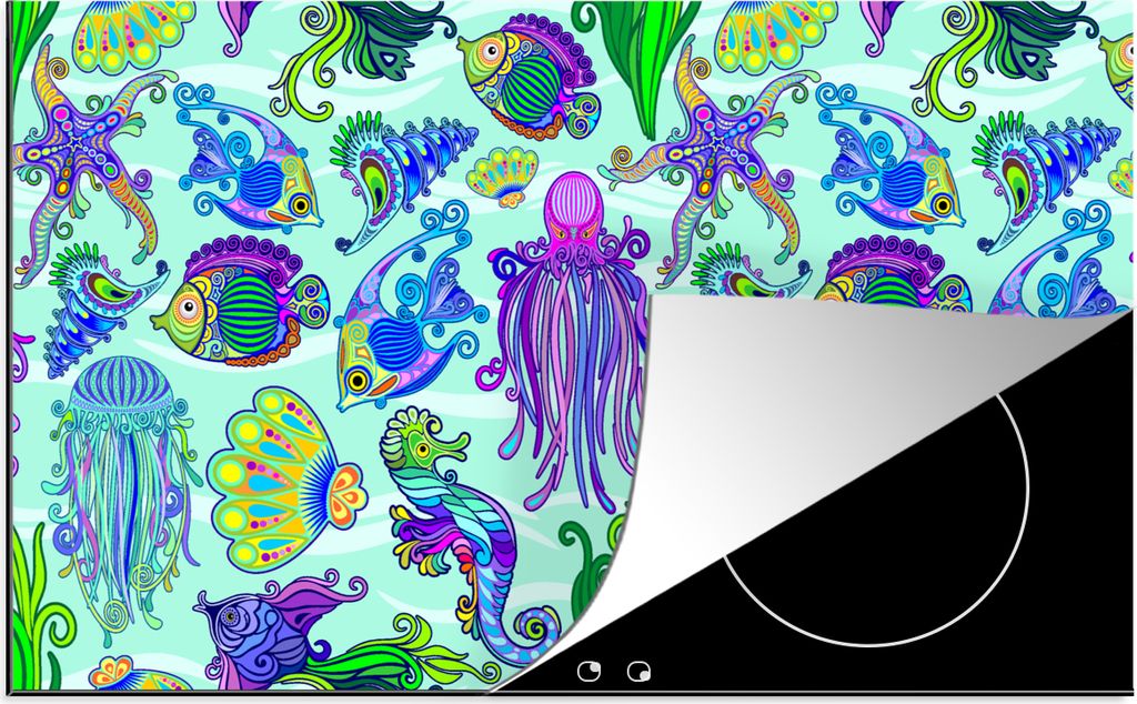 KitchenYeah Herdabdeckplatte Tiere - Regenbogen - Fische - Muster , 89x51cm, Küche Deko, Glaskeramikfeld Herdabdeckung, Abdeckplatte fùr Kochfeld