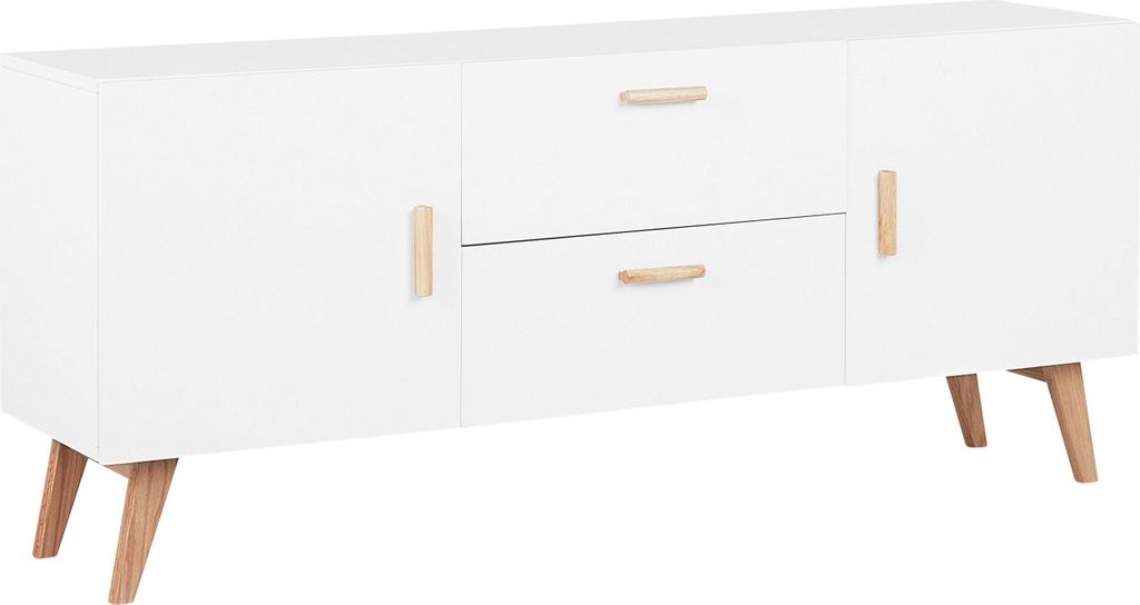 BELIANI Sideboard weiß MDF Platte Eichenholz 70 x 160 x 42 cm Retro Minimalistisch Mit Beinen Aus Buchenholz Viel Stauruam Elegant Wohnzimmer