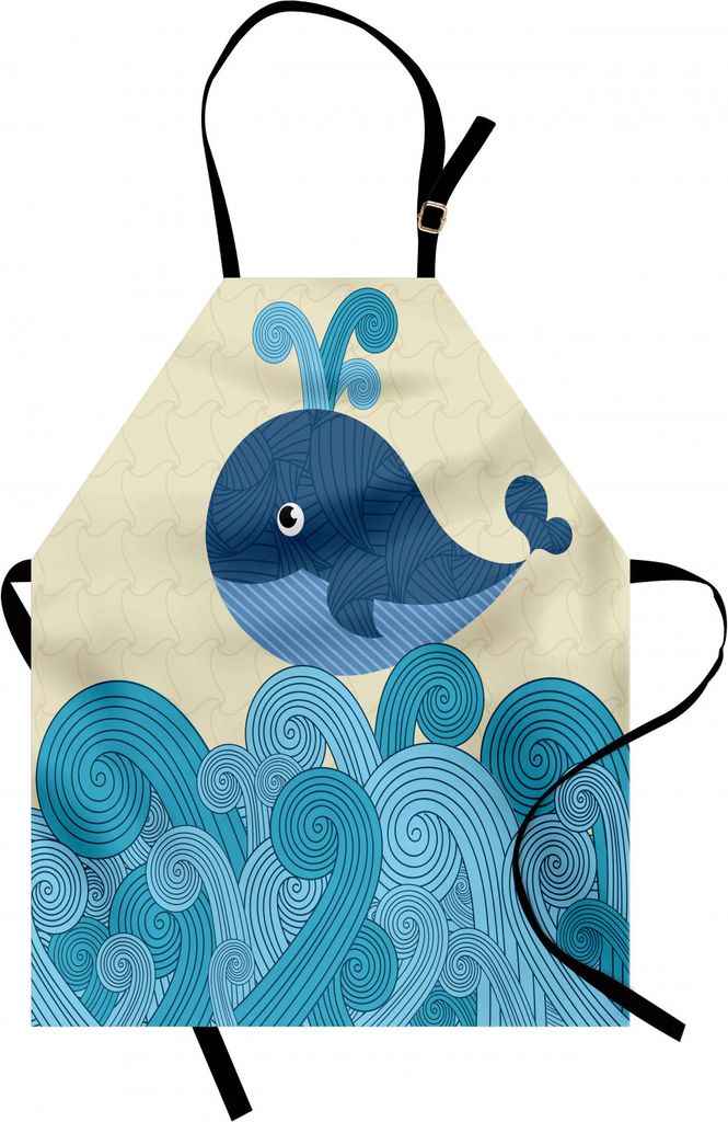 ABAKUHAUS Wal Kochschürze, Netter kopierter Wal des Cartoon-Smiley mit Ornamental Striped Wellen-Bild-Druck, Farbfest Höhenverstellbar Waschbar K...