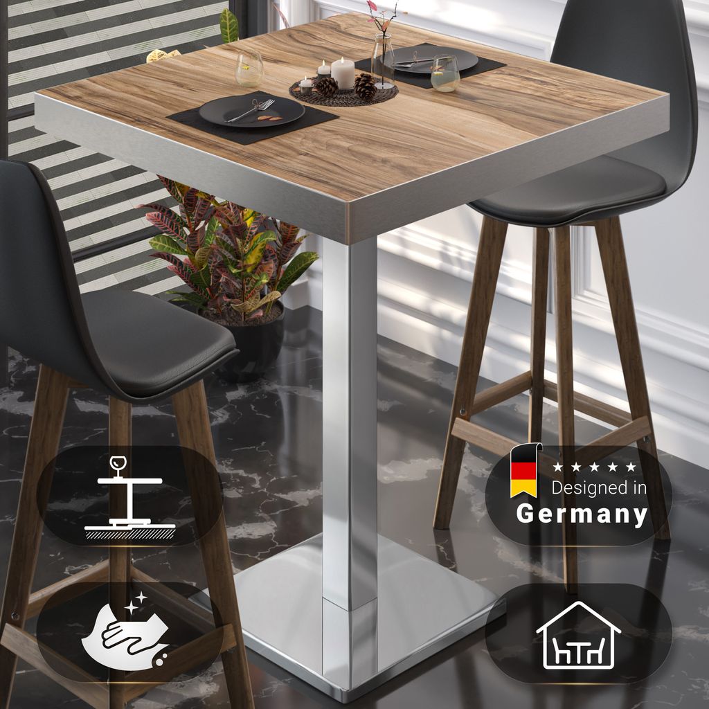 BM | Bistro Stehtisch | 80 x 80 x 110 cm | Quadratisch | Edelstahl Rand | Sheesham / Edelstahl | Gastro Steh Tisch Restaurant