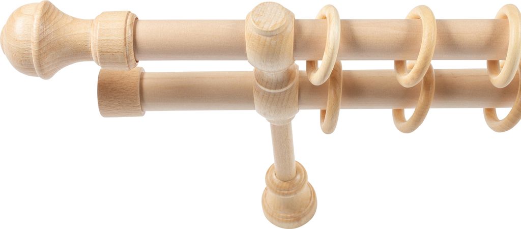 SN Deco - Stilgarnitur Gardinenstange Vorhangstange Ares, Holz, 28mm, 2-Lauf, Komplettset mit Ringen, Farbe Natur 140cm