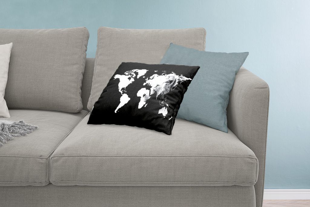 MuchoWow Zierkissen Sofakissen Wohnzimmer Dekokissen 60x40 cm Weltkarte - Schwarz - Weiß - Löwe - Kopfkissen - Polster mit Foto