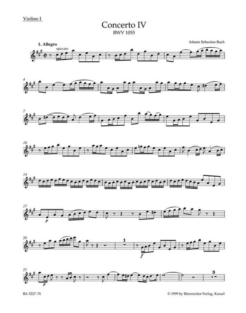 Konzert A-Dur BWV1055 für Cembalo und Streicher Violine 1