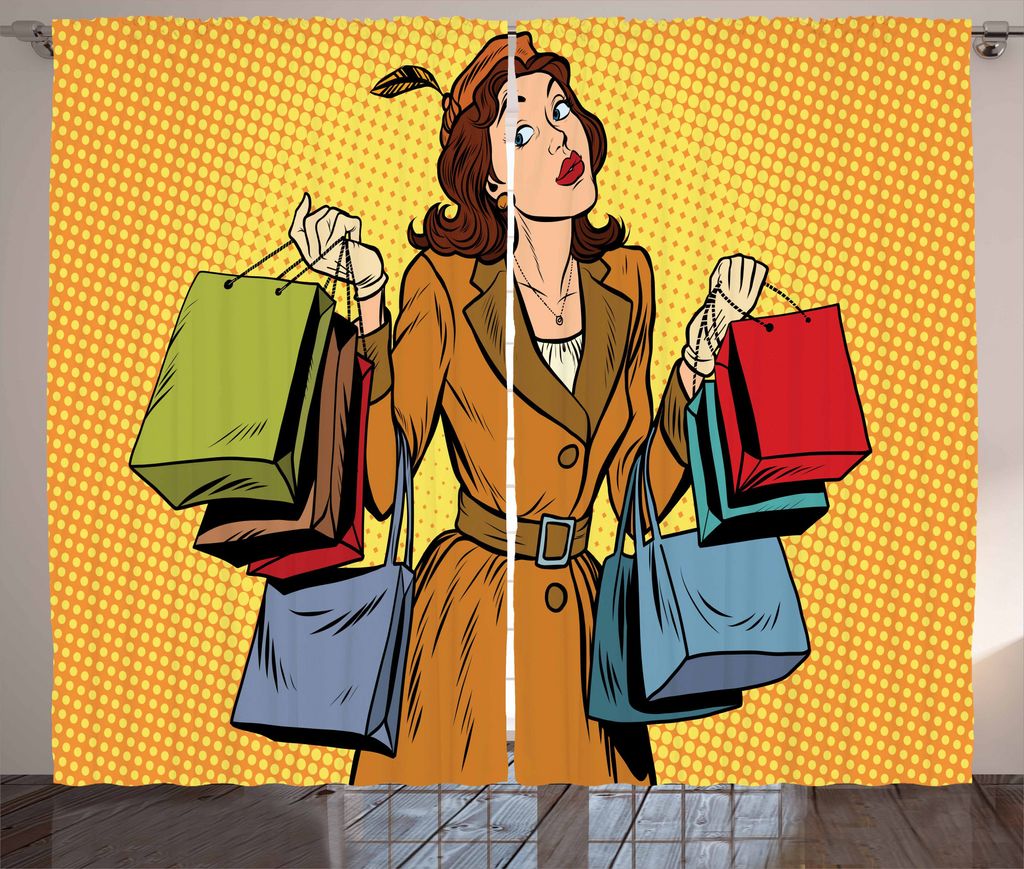 ABAKUHAUS Retro Frau Rustikaler Vorhang, Pop-Art Einkauf, Wohnzimmer Universalband Gardinen mit Schlaufen und Haken, 280 x 175 cm, Mehrfarbig