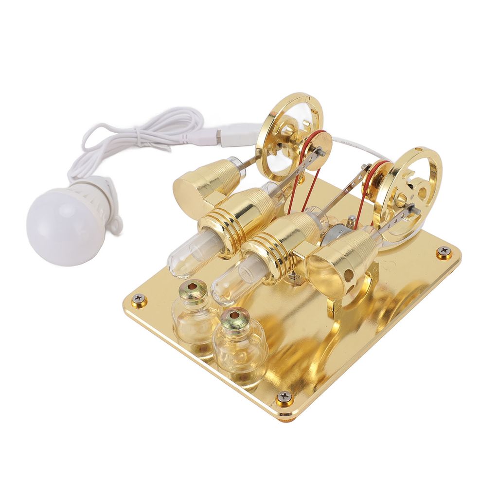 A close-up shot of a gold-colored Stirling engine model with a white LED light connected via a white cable.