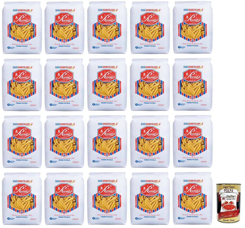 20x Russo Penne Piccole N°12 Hartweizengrieß Pasta,100% Italienischer Weizen,500g-Packung + Italian Gourmet Polpa di Pomodoro 400g Dose