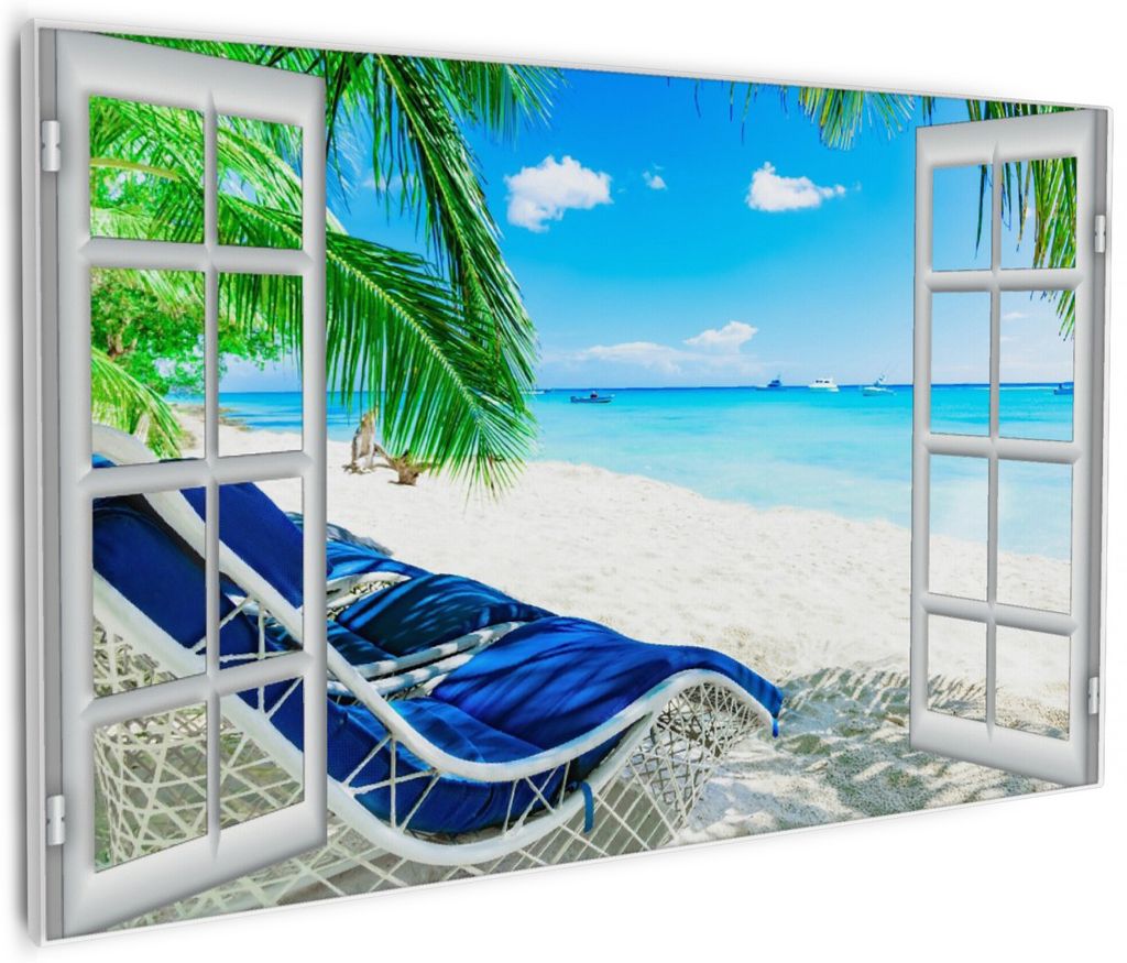 Wallario Premium Leinwandbild Blick durch ein Fenster auf den Strand in Größe 60 x 90 cm