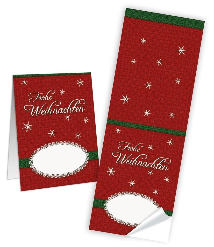 50 Weihnachtsaufkleber Geschenkaufkleber FROHE WEIHNACHTEN rot weinrot grün weiß Aufkleber 5 x 14,8 cm für Verpackung Geschenke give-away Kunden...
