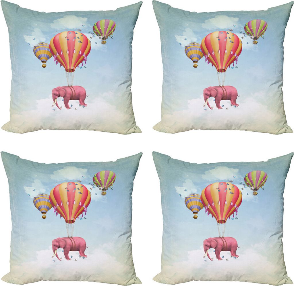 ABAKUHAUS Elefant Kissenbezug Set (4 Stück), Pink Elephant in Sky, Moderner Doppelseitiger Digitaldruck, 40 cm x 40 cm, Mehrfarbig