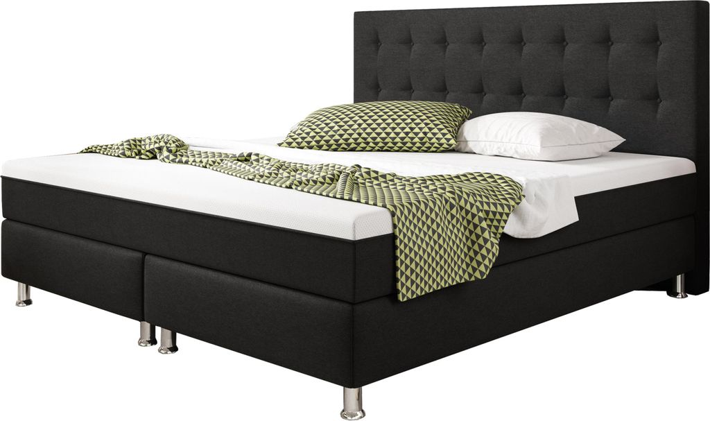 Boxspringbett Köln Plus 180x200 cm Webstoff Schwarz mit Topper-Optik