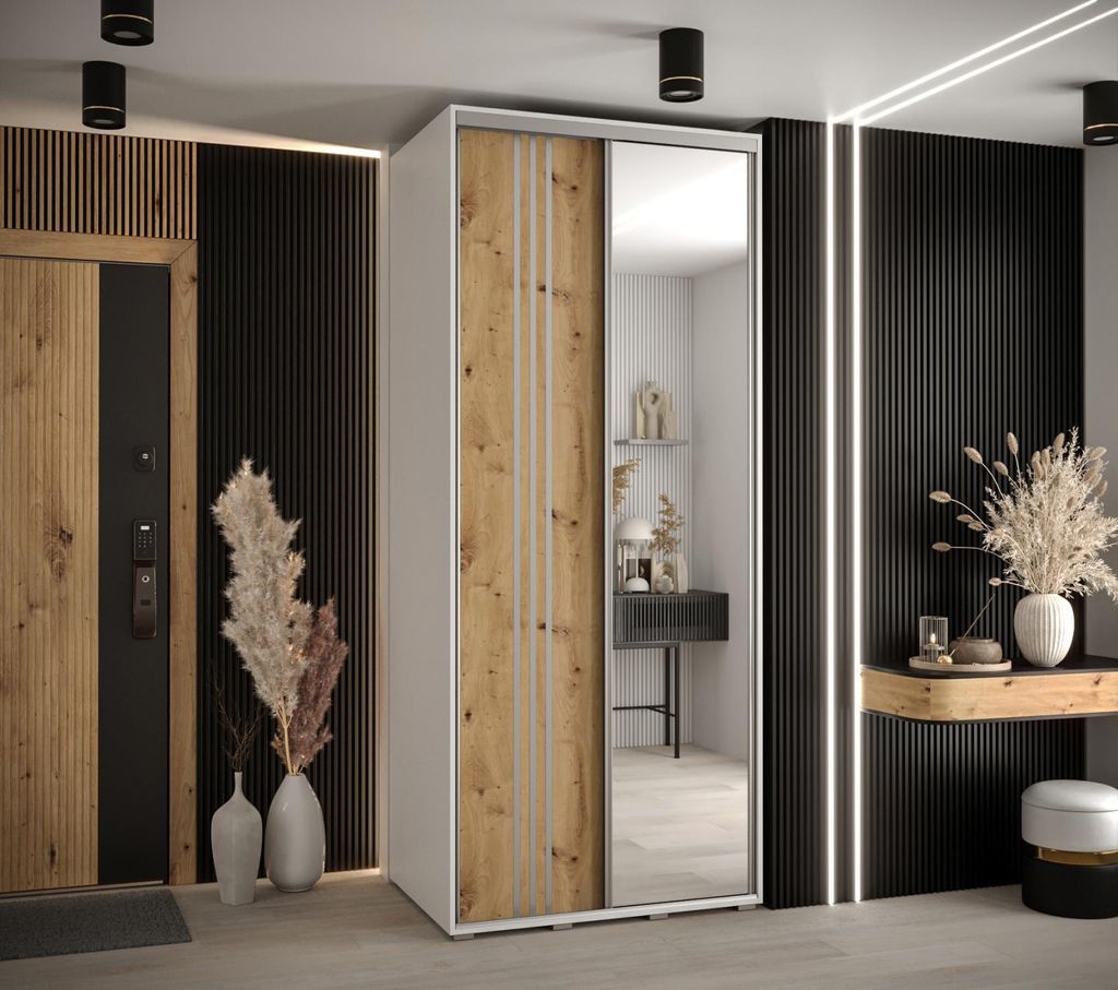 Kleiderschrank ASIRI 7 - 100/60 cm, Weiß / Artisan-Eiche / Silber