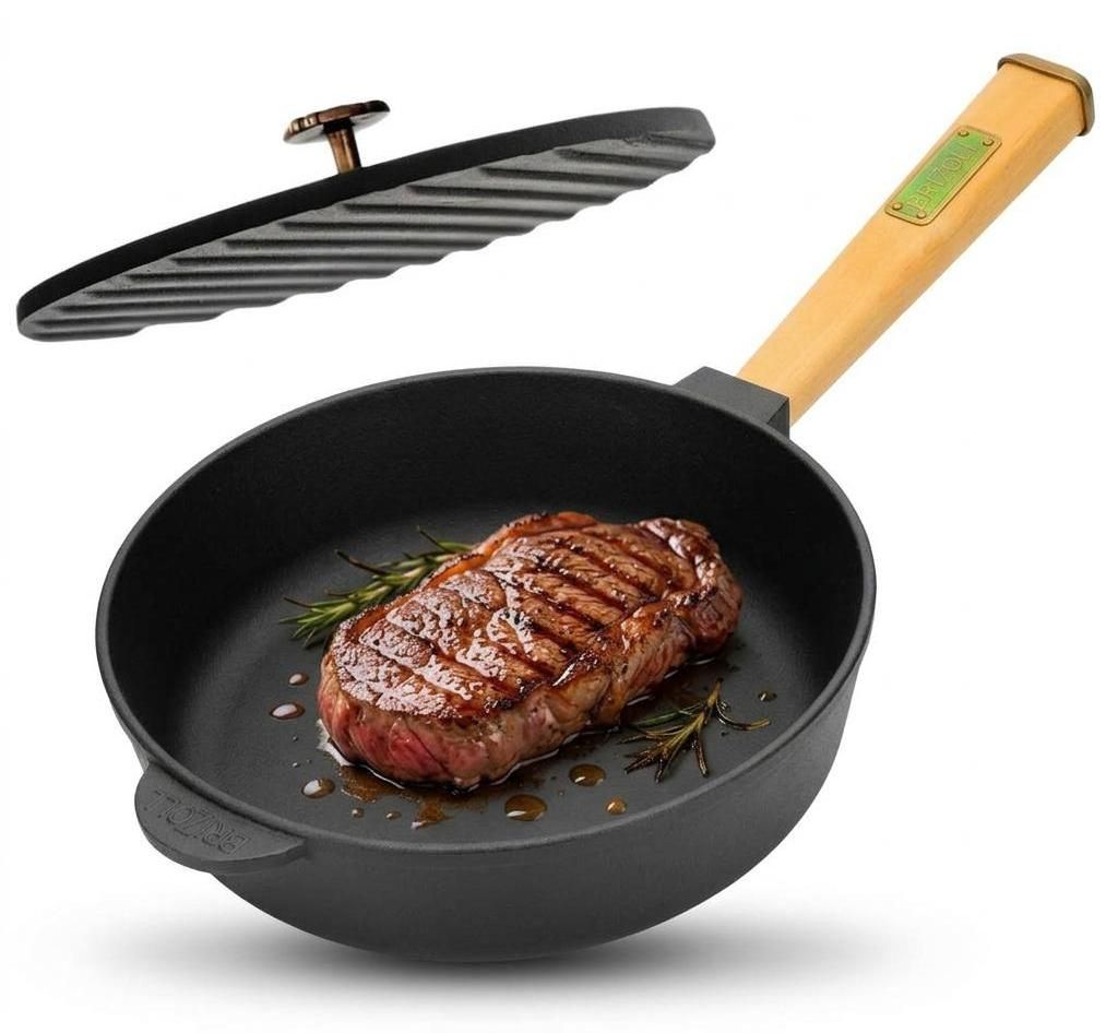 Gusseisenpfanne 26 cm mit Grillpresse Pfanne Holzgriff Gusseisen Gusseisenpfanne Bratpfanne Steakpfanne Fleischpresse Cast Iron Pan Feuerpfanne Ind...